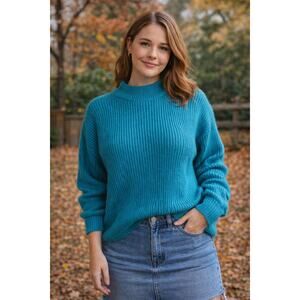 Vintage 80s Chunky Knit Sweater Turquoise Emerald Oversized Cozy Dopamine